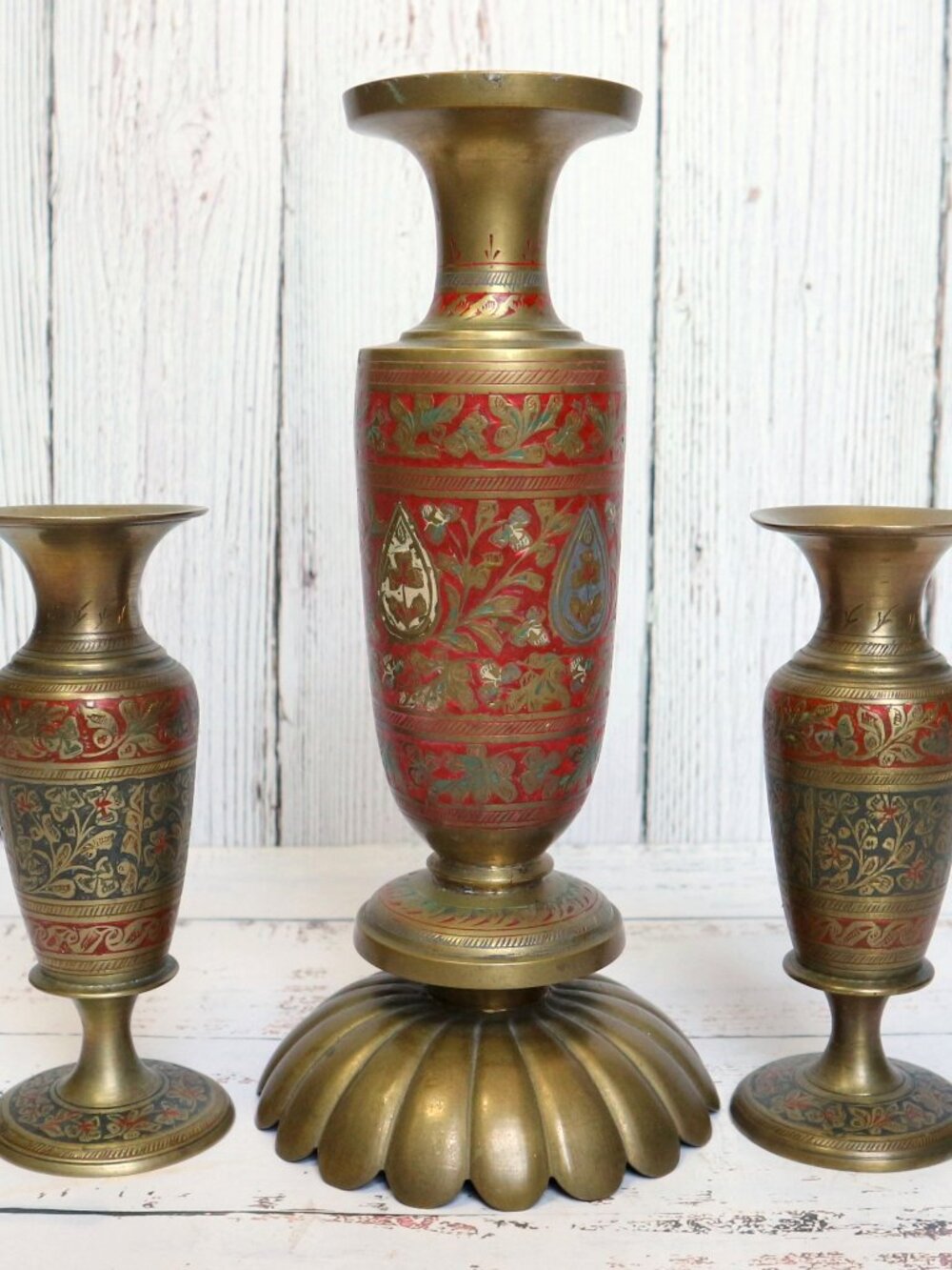 Large Vintage Indian Brass Vase (9") Etched Painted | Made in India Home Decor